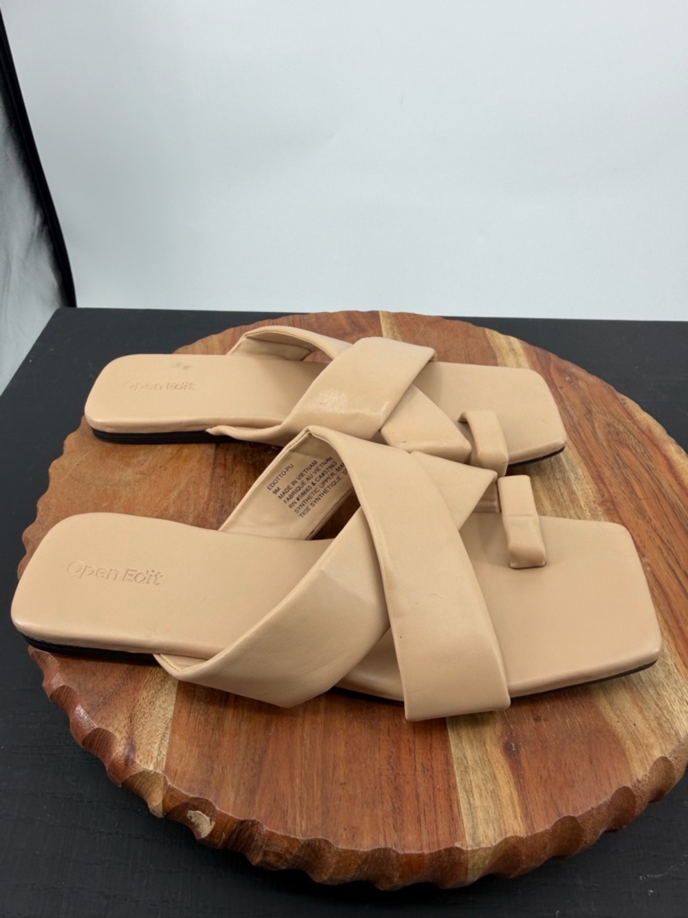 Open Edit Otto Slide Sandal faux leather sz 9 tan beige square toe